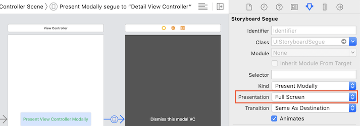 storyboard modal full screen